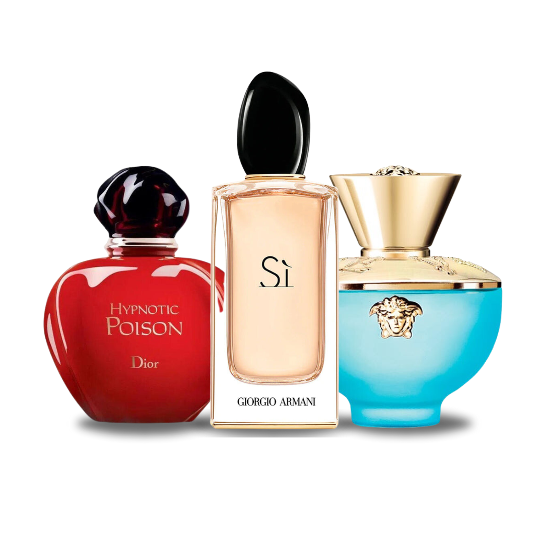 BLACK FRIDAY: Combo de 3 Perfumes Dior HYPNOTIC POISON, Giorgio Armani SÌ e Versace DYLAN TURQUOISE 100ml