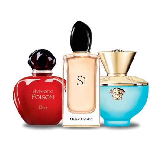 BLACK FRIDAY: Combo de 3 Perfumes Dior HYPNOTIC POISON, Giorgio Armani SÌ e Versace DYLAN TURQUOISE 100ml