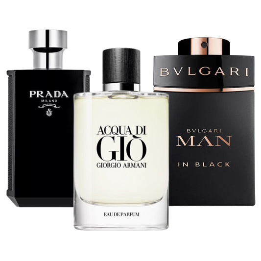 BLACK FRIDAY: Combo de 3 Perfumes Bvlgari In Black, Giorgio Armani Acqua Di Gio, e L'Homme Prada Intense 100ml